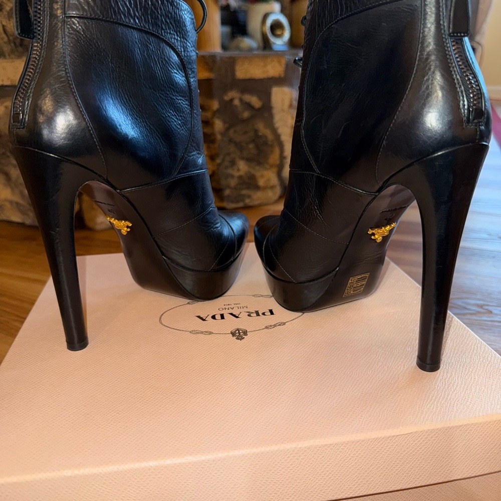 Prada Black Leather Lace-Up Stiletto Ankle Boots - Picture 5 of 6
